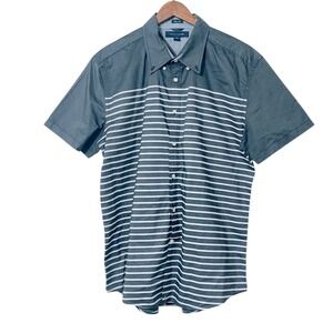 Tommy Hilfiger Mens Slim Fit Short Sleeve Button Down Shirt Gray White Stripe XL